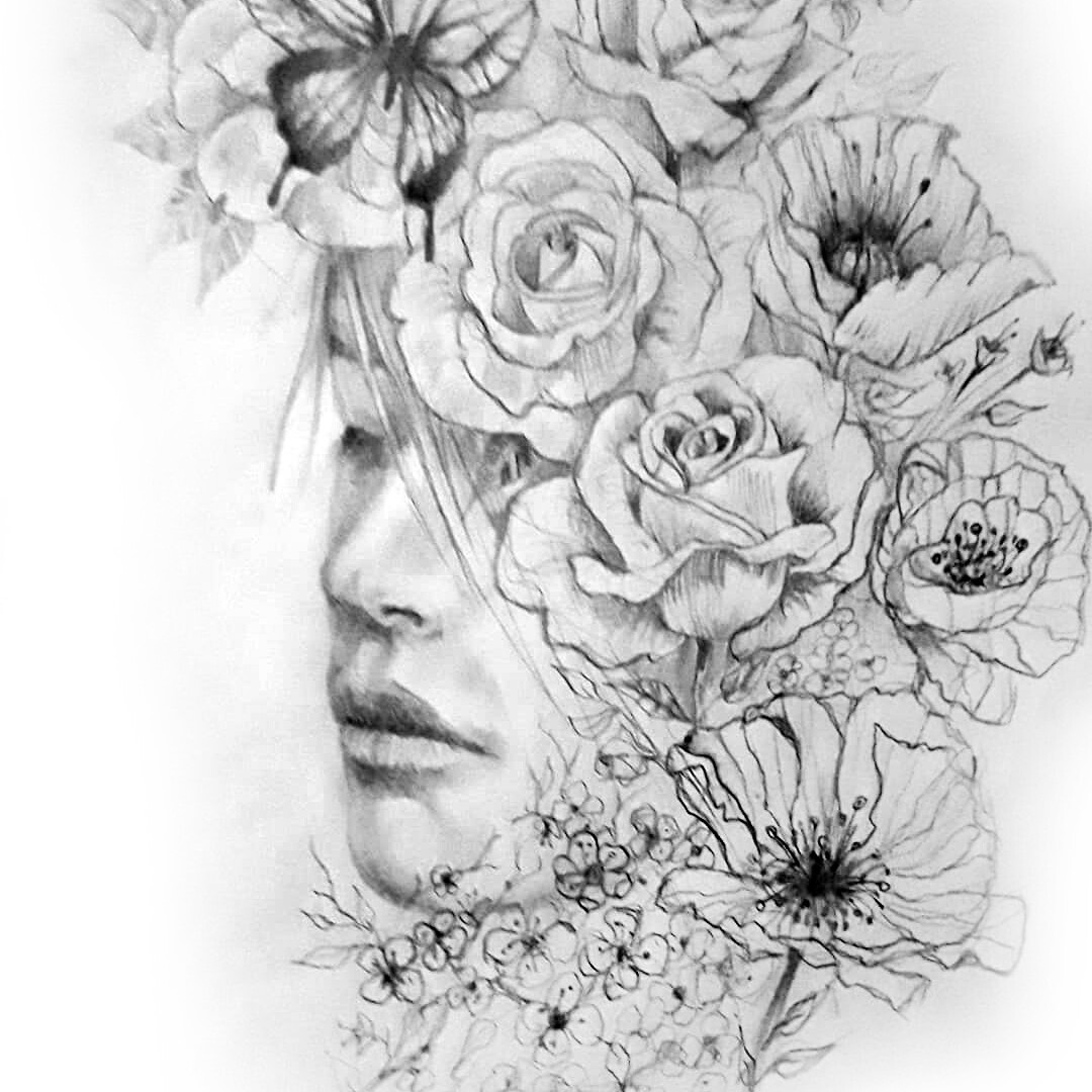 Portrait au crayon gris de Femme endormie parmi les fleurs